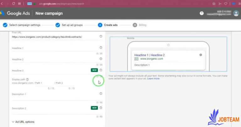 مرحله پنجم ساخت کمپین گوگل ادز: ایجاد اولین متن تبلیغاتی مرحله پنجم ساخت کمپین گوگل ادز: ایجاد اولین متن تبلیغاتی