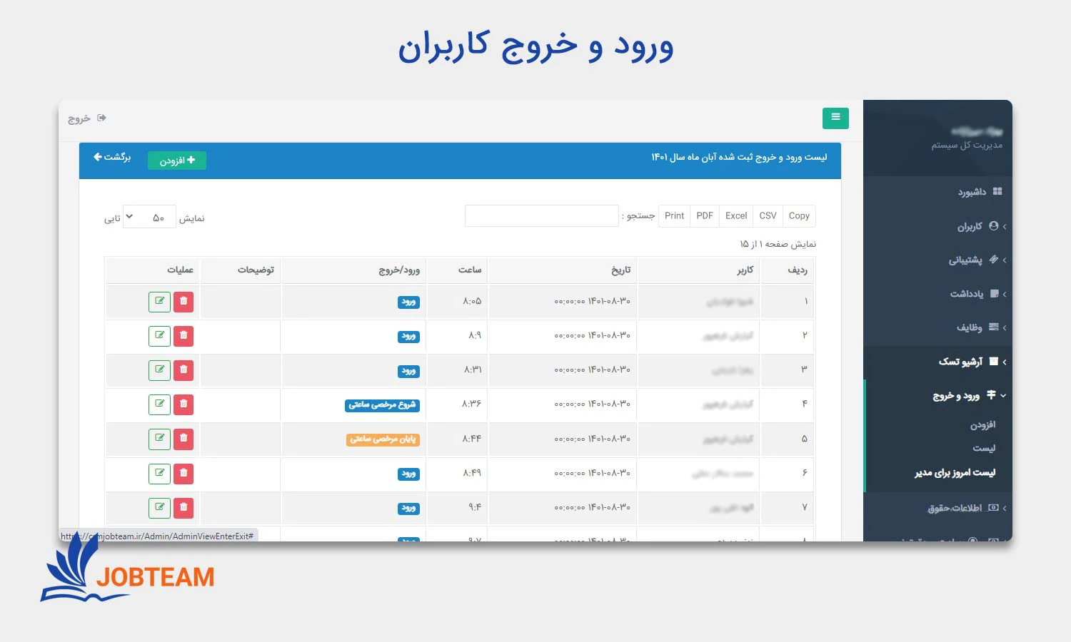 ورود و خروج کارکنان در طراحی crm (سی آر ام) جاب تیم