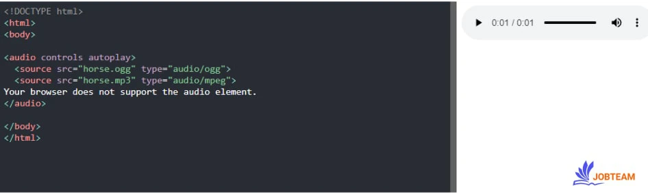 برای اینکه به محض بارگیری صفحه فایل صوتی به صورت خودکار پخش شود از ویژگی autoplay در تگ audio استفاده می کنیم.
