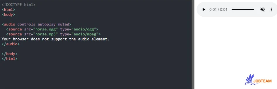 پس از پخش خودکار برای اینکه فایل صوتی شما به صورت بی صدا پخش شود، از ویژگی muted در تگ audio استفاده کنید.