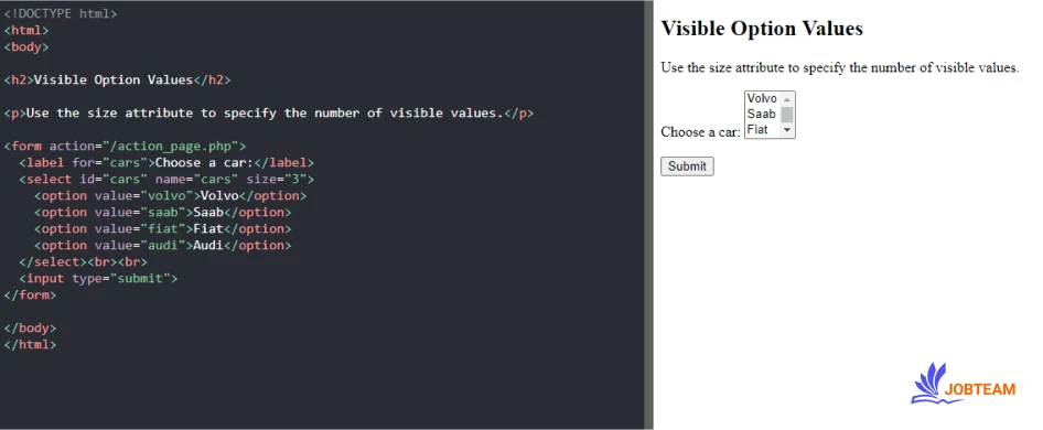 تعداد گزینه قابل مشاهده (option) در select تگ یا عناصر قابل استفاده در فرم در HTML (form elements): تعداد گزینه قابل مشاهده (option) در select