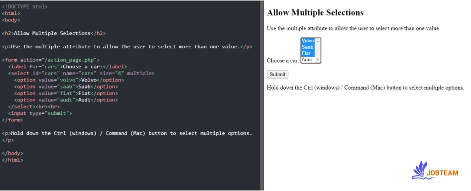 امکان انتخاب چندگانه (multiple) در select تگ یا عناصر قابل استفاده در فرم در HTML (form elements): امکان انتخاب چندگانه (multiple) در select