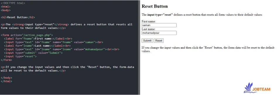 دکمه reset با input در html دکمه reset با input در html