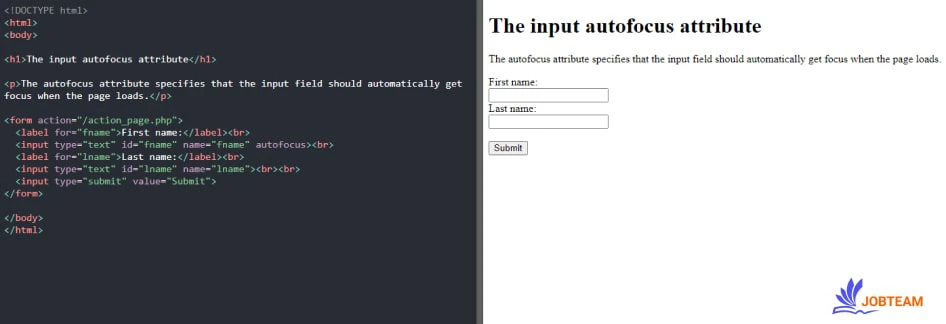 ویژگی autofocus در input در HTML کدام فیلد ورودی در هنگام لود شدن، برای وارد کردن مقدار باید فعال باشد ویژگی های input در html : ویژگی autofocus در input در HTML کدام فیلد ورودی در هنگام لود شدن، برای وارد کردن مقدار باید فعال باشد
