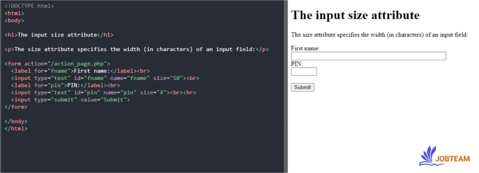 ویژگی size در input در HTML عرض قابل مشاهده یک عنصر ورودی بر اساس کاراکتر را مشخص می کند. ویژگی های input در html : ویژگی size در input در HTML عرض قابل مشاهده یک عنصر ورودی بر اساس کاراکتر را مشخص می کند.