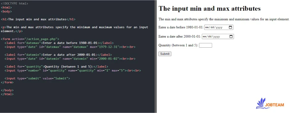 ویژگی های min و max در input در HTML حداقل و حداکثر مقداری که یک ورودی می تواند دریافت کند را مشخص می کنند. ویژگی های input در html : ویژگی های min و max در input در HTML حداقل و حداکثر مقداری که یک ورودی می تواند دریافت کند را مشخص می کنند.