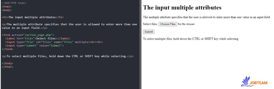 ویژگی multiple در عنصر input در HTML مشخص می کند که کاربر مجاز به انتخاب بیش از یک مقدار در یک فیلد ورودی است ویژگی های input در html : ویژگی multiple در عنصر input در HTML مشخص می کند که کاربر مجاز به انتخاب بیش از یک مقدار در یک فیلد ورودی است