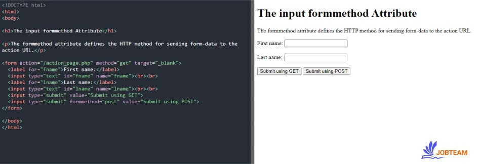 ویژگی formmethod ورودی روش HTTP را برای ارسال داده های فرم به آدرس URL، تعریف می کند input در HTML