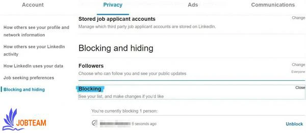 خارج کردن بلاک لینکدین در قسمت Privacy خارج کردن بلاک لینکدین در قسمت Privacy