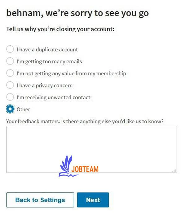 ذکر علت حذف اکانت در کادر feedback لینکدین ذکر علت حذف اکانت در کادر feedback لینکدین
